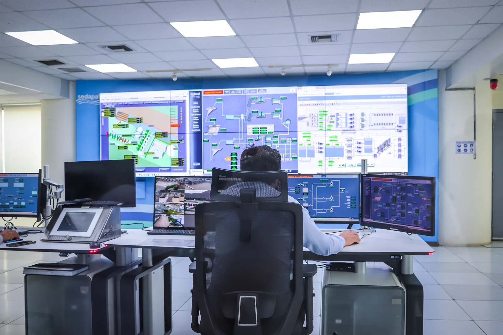 Operator in a modern network control room monitoring wall screens