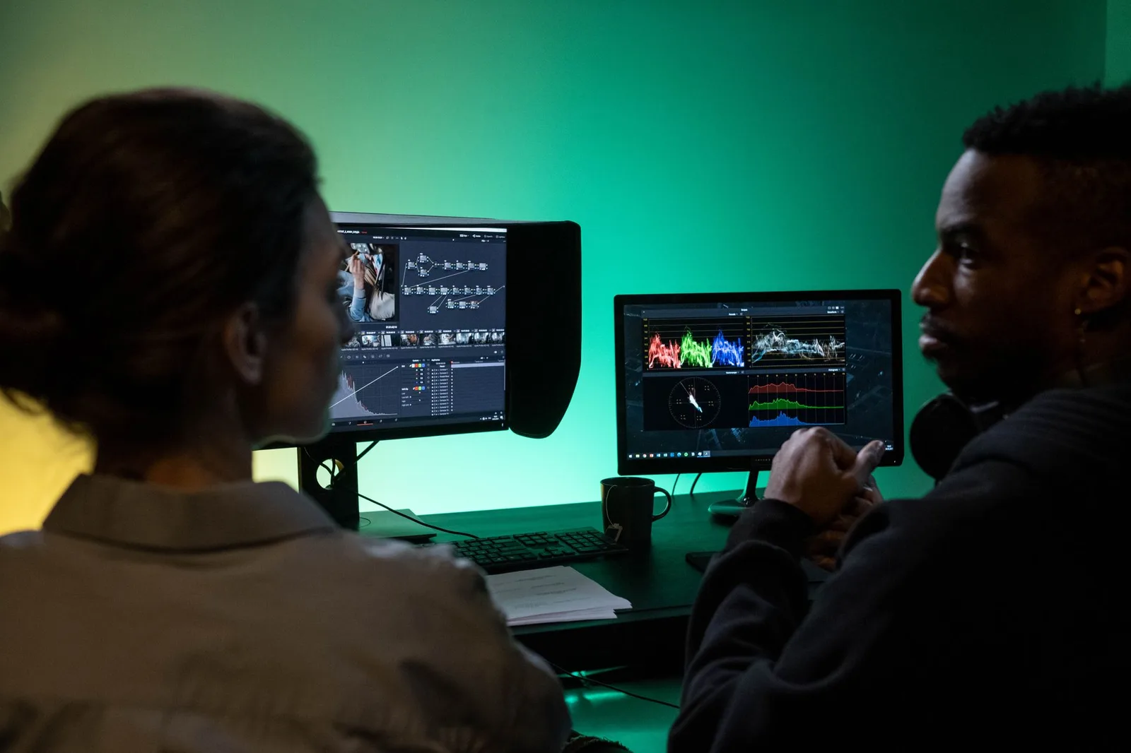 Two colleagues reviewing video footage and colour data across dual monitors in a studio