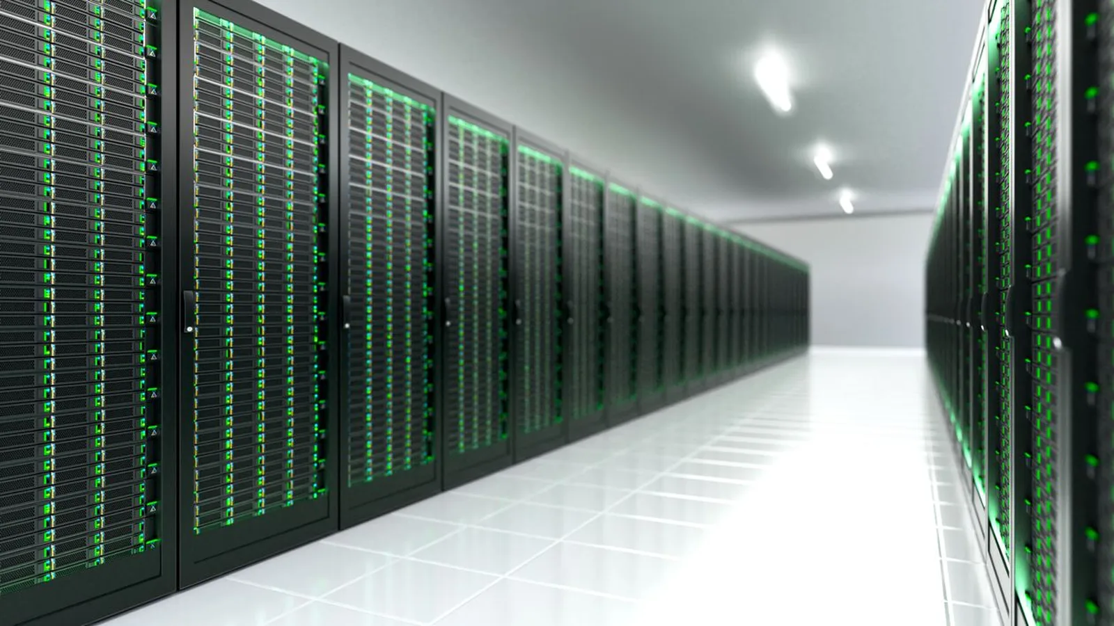 Rows of server racks with green status lights in a data center, the infrastructure where AI models run