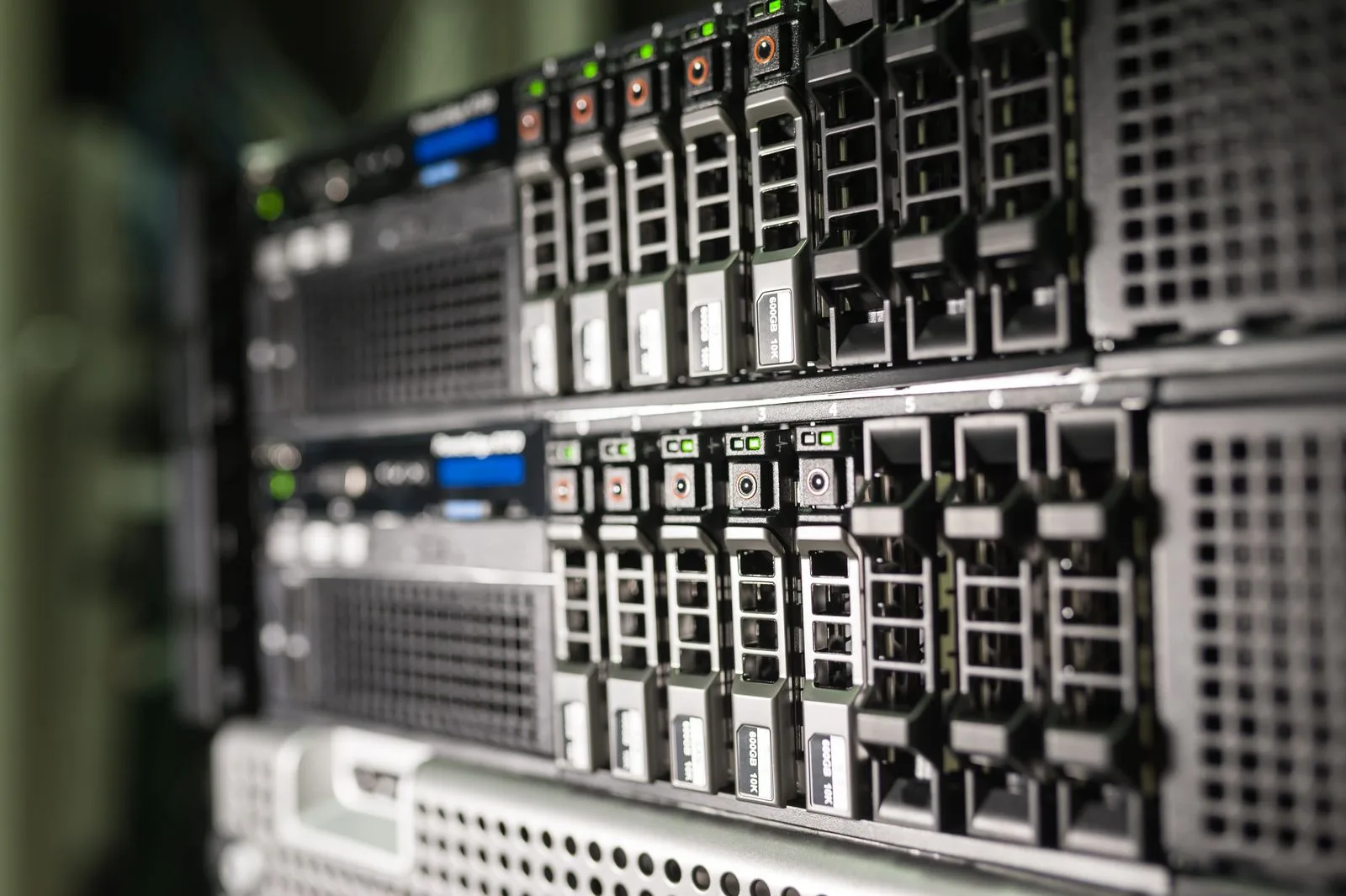 Server rack in a modern data center with blue lighting