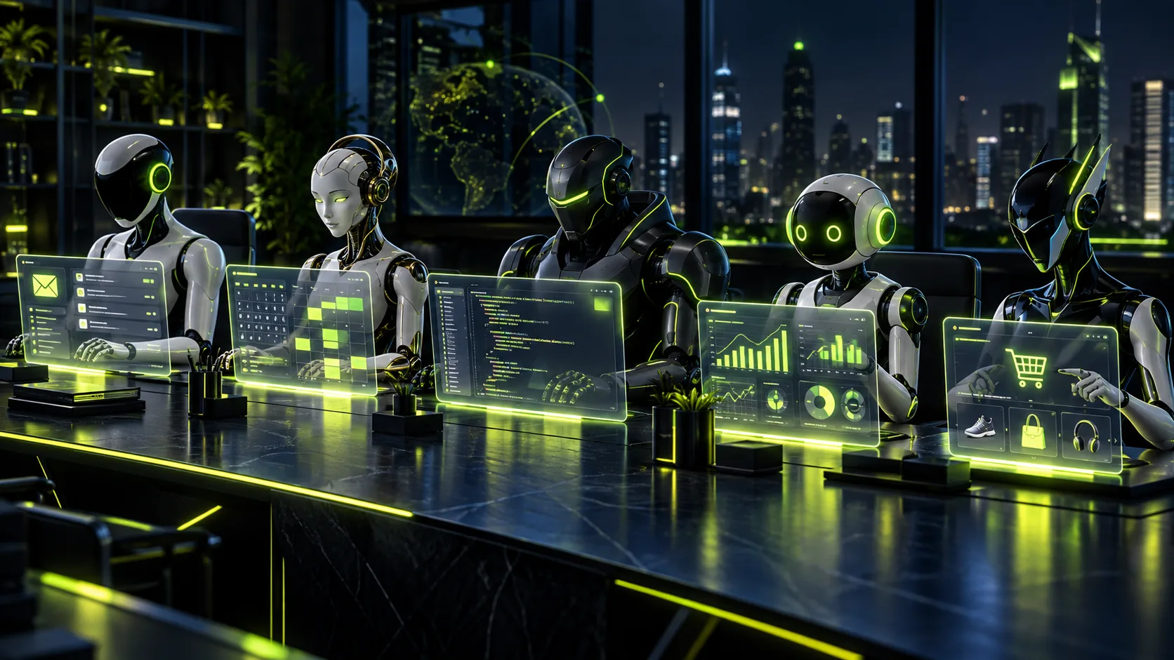 Five AI robot assistants working side by side at holographic screens — email, calendar, code, charts, and shopping — the new class of agents that act instead of answer