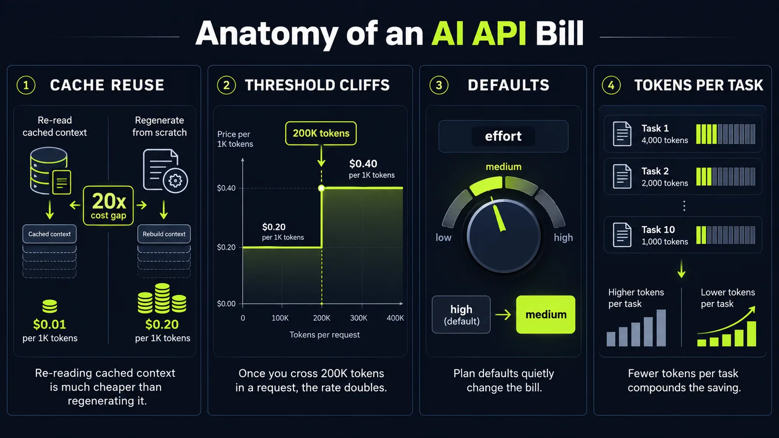 Anatomy of an AI API bill: four panels comparing sticker price against the real cost per task — cache reuse, threshold cliffs, defaults, and tokens per task