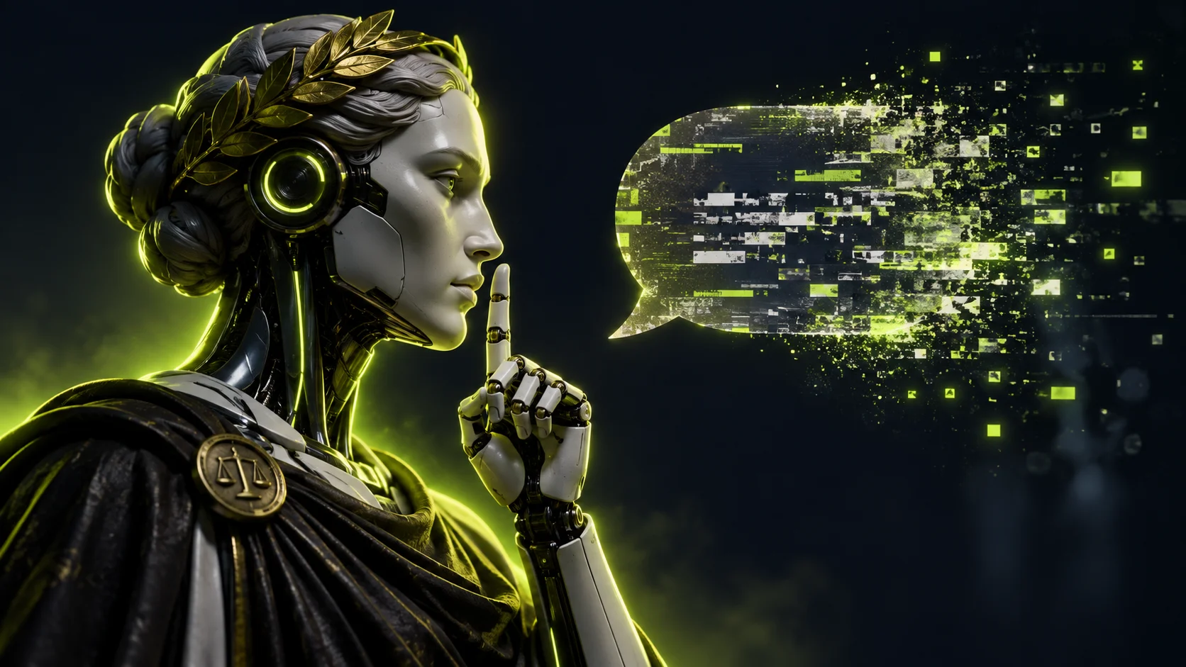 A silent robot judge staring forward while a speech bubble dissolves beside it — the model that stopped talking and started deciding