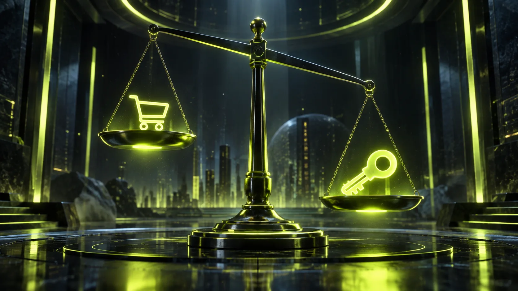 A balance scale weighing a shopping cart against a key — the rent-vs-own decision for AI agents