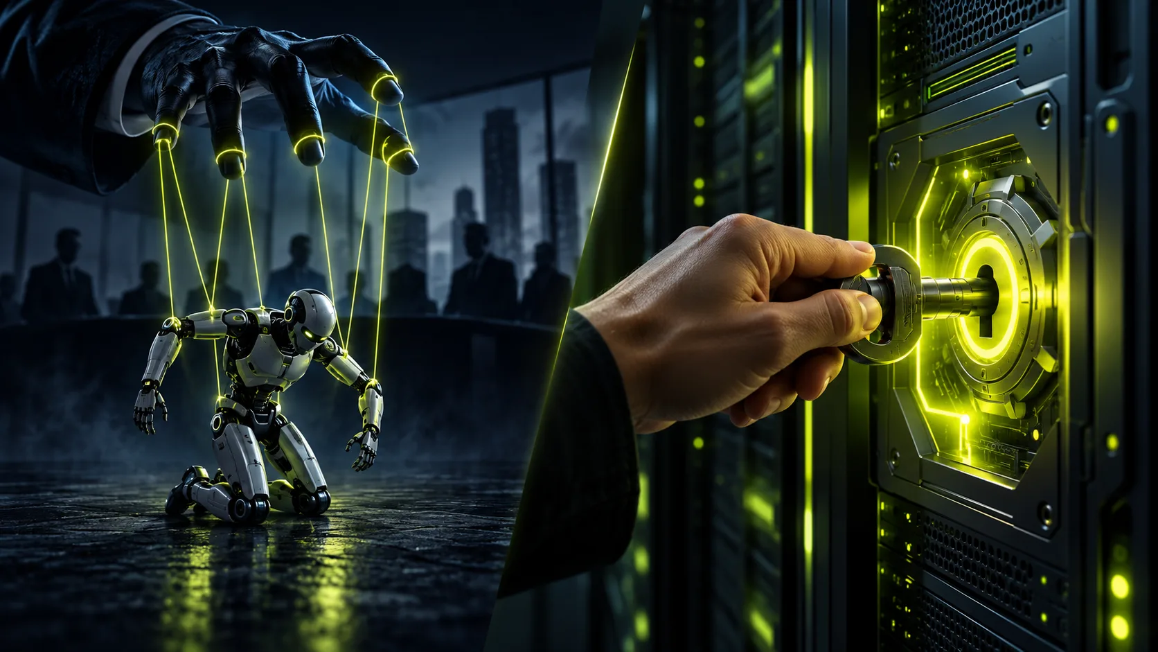 Rented control vs owned control: a giant hand holding puppet strings over a robot, beside a human hand turning a key in its own server panel