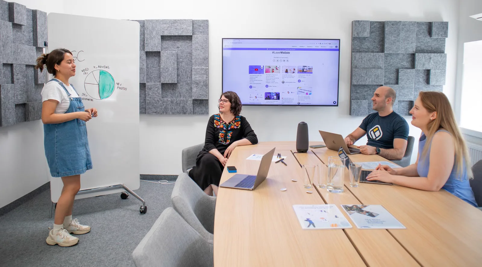 Team gathered around a whiteboard during a lively discussion