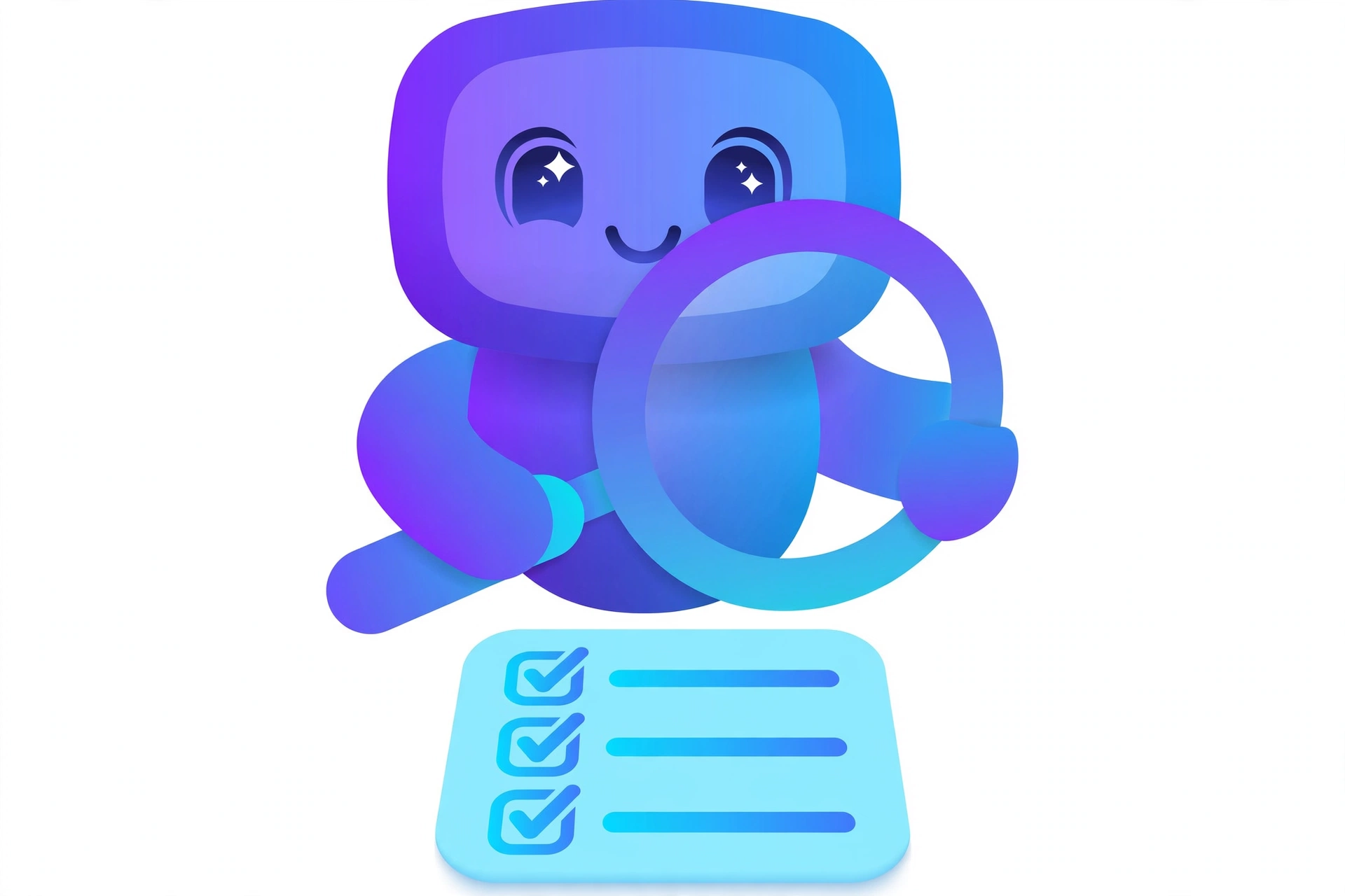 Robot mascot inspecting a checklist with a magnifying glass — the free AI audit