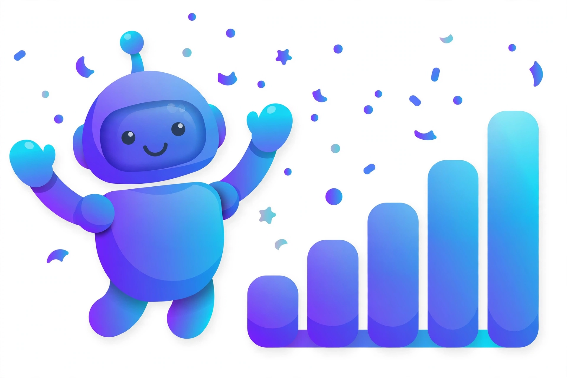 Seiko Digital's robot mascot celebrating rising results with confetti and a growth chart