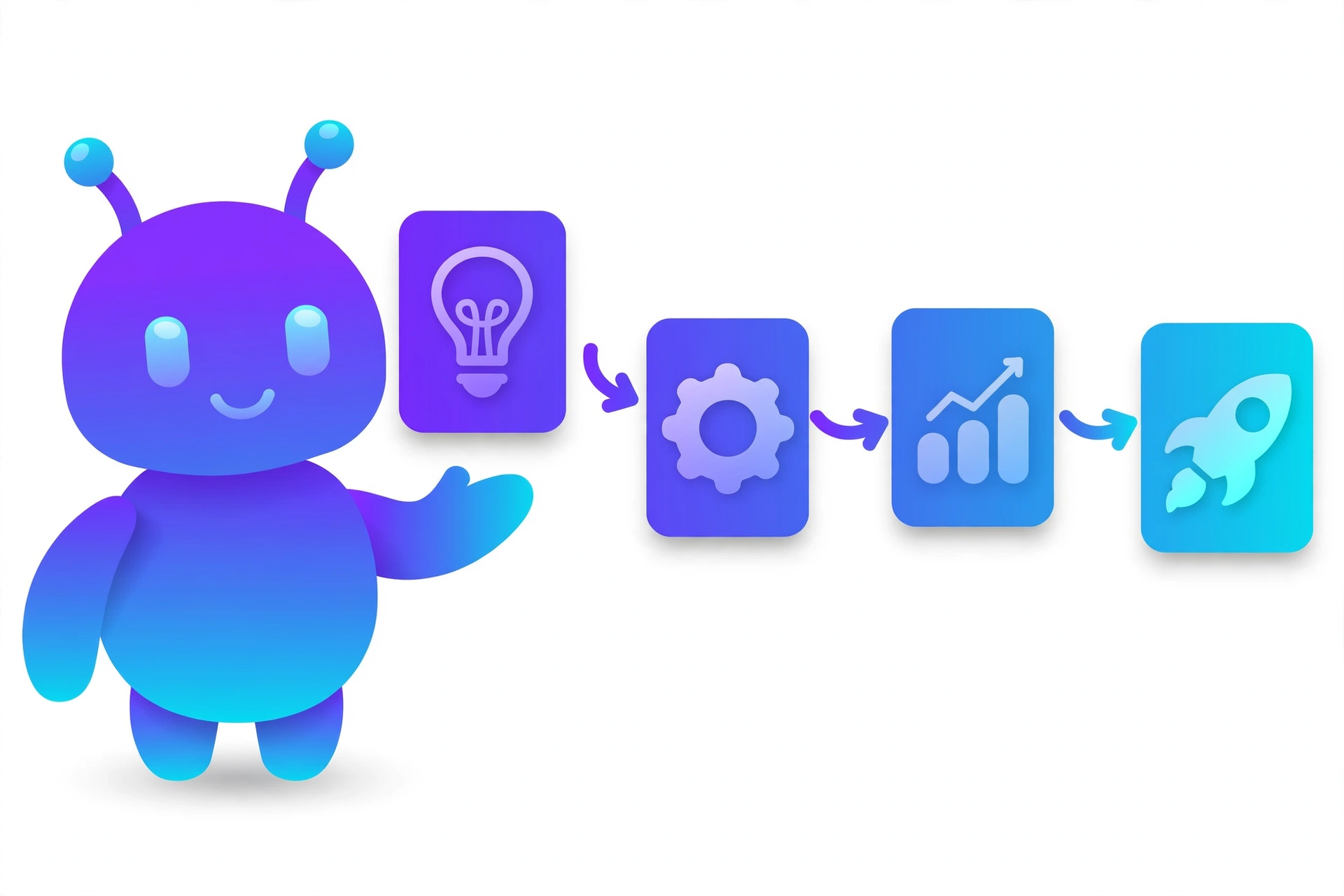 Seiko Digital's robot mascot presenting an automation pipeline — your idea flowing through AI agents to launch and growth