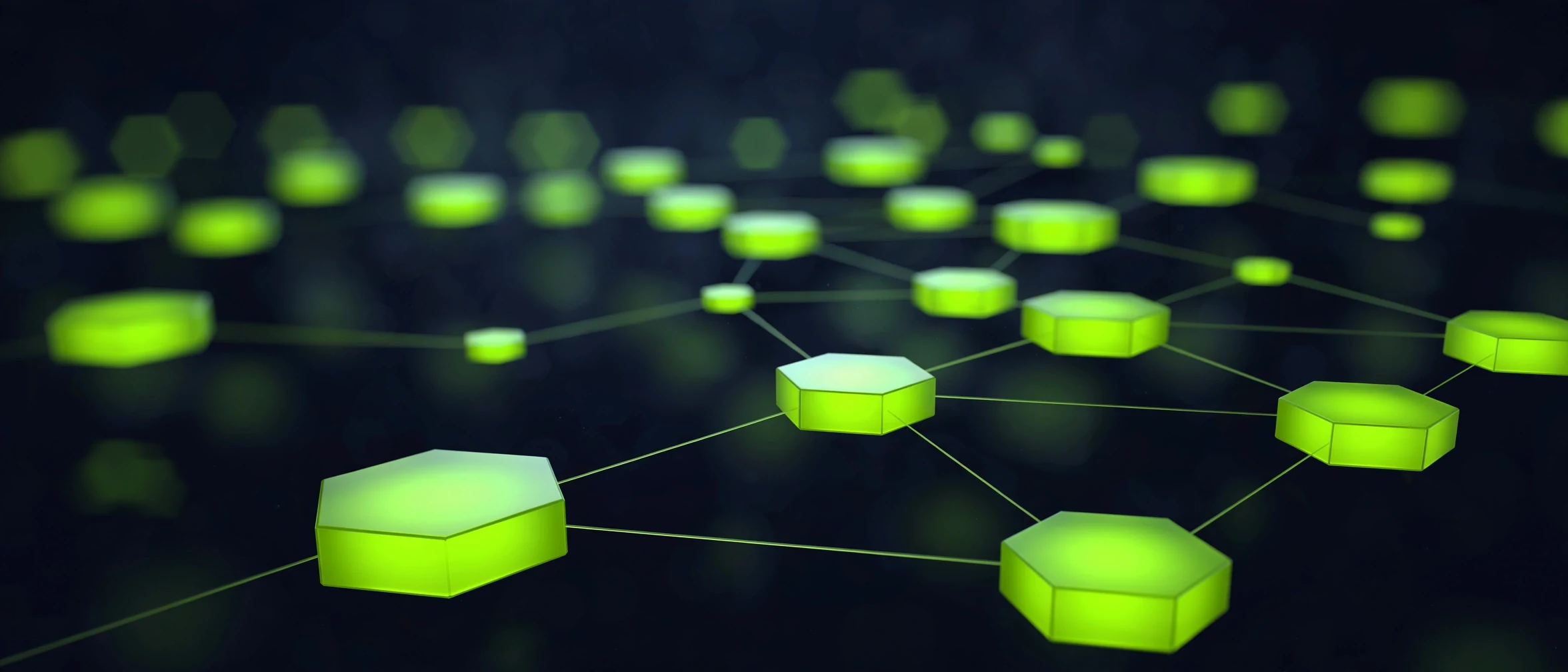 Dark abstract graphic with lime hexagonal motifs representing the three team solutions